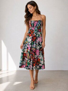 Old Navy Floral Midi Dress Womens M Sleeveless Smocked Bodice Pockets Flowy